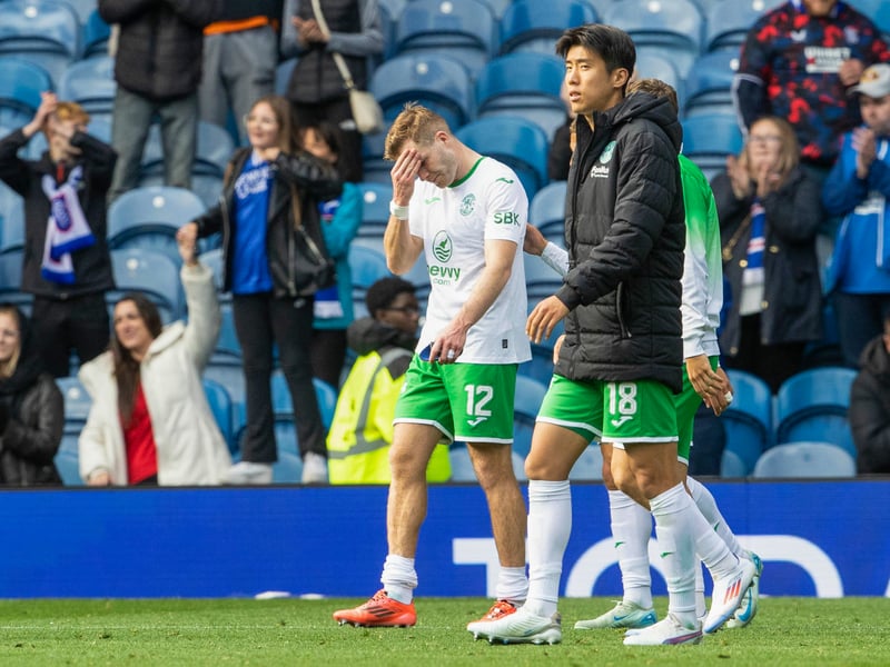 Hibs players look dejected after their battling display, with Rangers fans watching on at the full-time whistle.