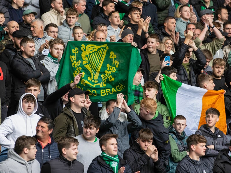 Hibs fans in the away end of Ibrox.