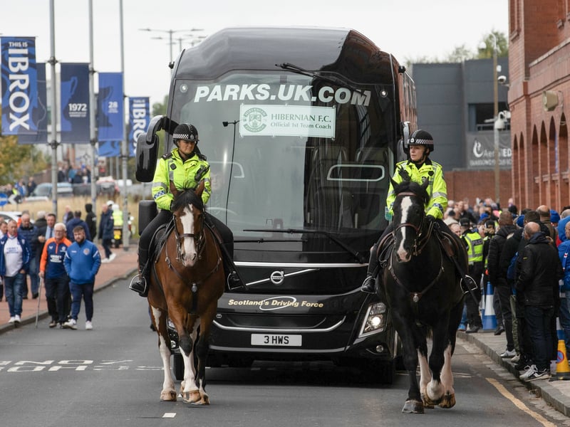 The Hibs team coach arrives at Ibrox Stadium.