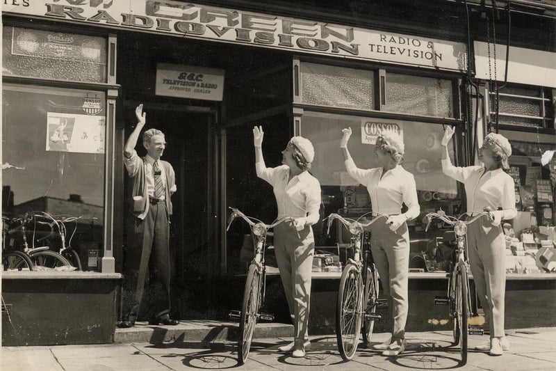 The 1953 opening of Maurice Green 's shop in Ansdell Road Blackpool - the Beverley Sisters pose with bicycles from the shop which also sold radios and televisions