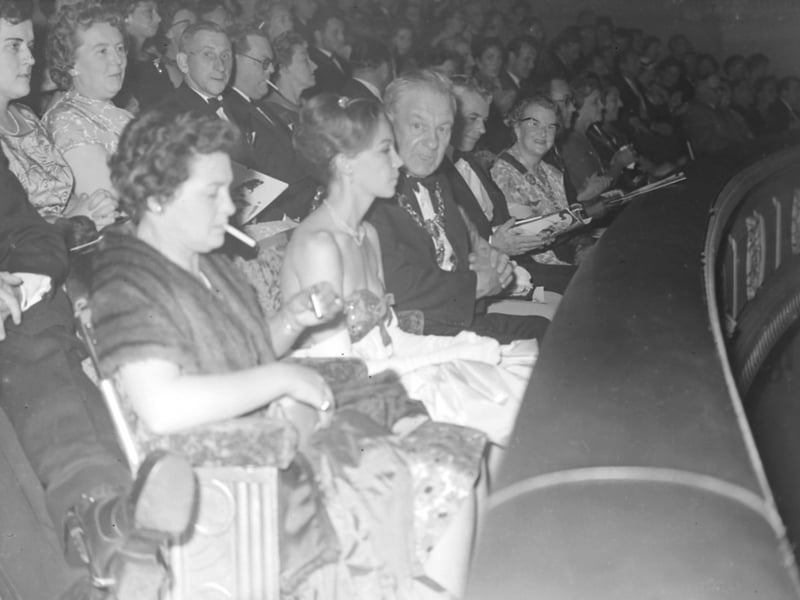 Star of "Gigi", Leslie Caron and stars of Blackpool summer shows attended the opening of the film at the Palladium Cinema, Waterloo Road South Shore. Leslie Caron is seen (second from left front row) in the dress circle of the cinema.
Blackpool historical Dated 28/06/ 1959