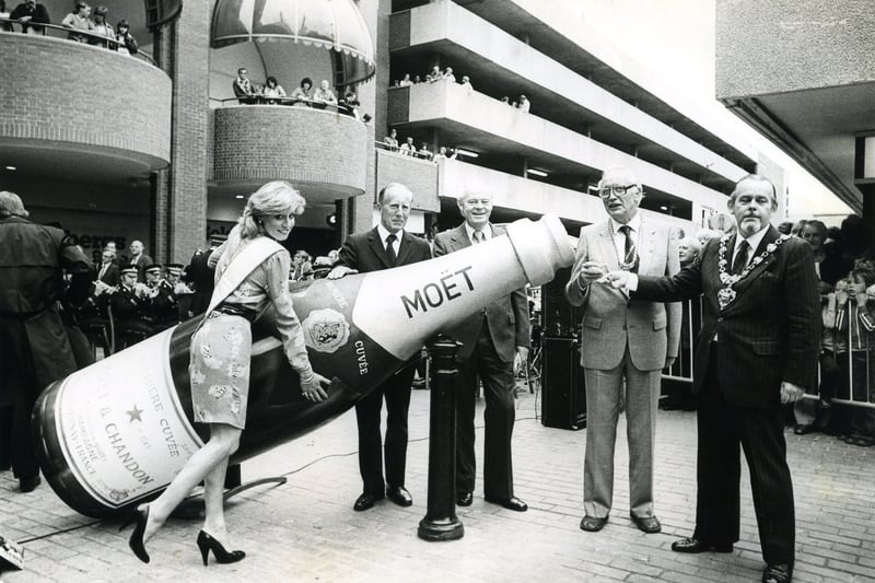 Miss Hounds Hill Beverley Cowburn helps celebrate the opening of the Hounds Hill shopping centre. The centre was opened by the mayor of Bottrop, Oberburgermeister Ernst Wilczok, second from right and mayor of Blackpool Councillor Collin Hanson, far right