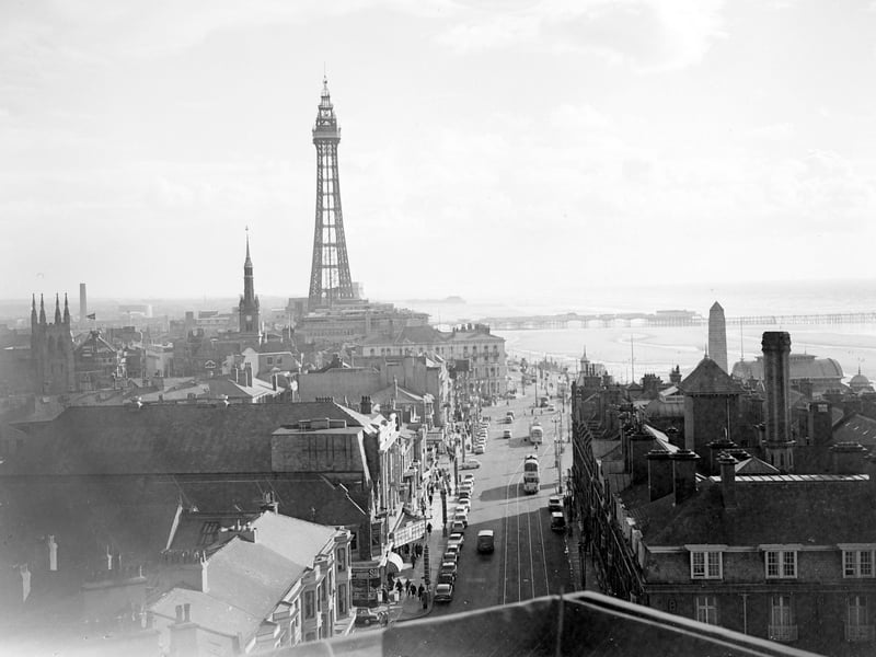 A view of Blackpool Tower looking south from the roof of the Regent Court flats in 1963.
To the left of the Tower is the spire of the Town Hall (removed in 1966) and on the right is the Metropole Hotel complex.