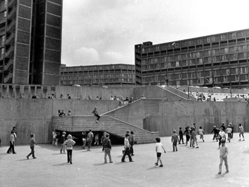 Youngsters are pictured here in the play area at Sheffield's Park Hill flats in June 1972