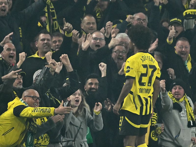 Karim Adeyemi celebrates scoring the second Dortmund goal.