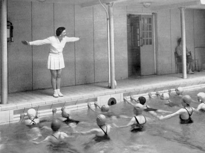Schoolchildren receiving swimming instruction at Glossop Road Ladies' Bath in the early 1960s