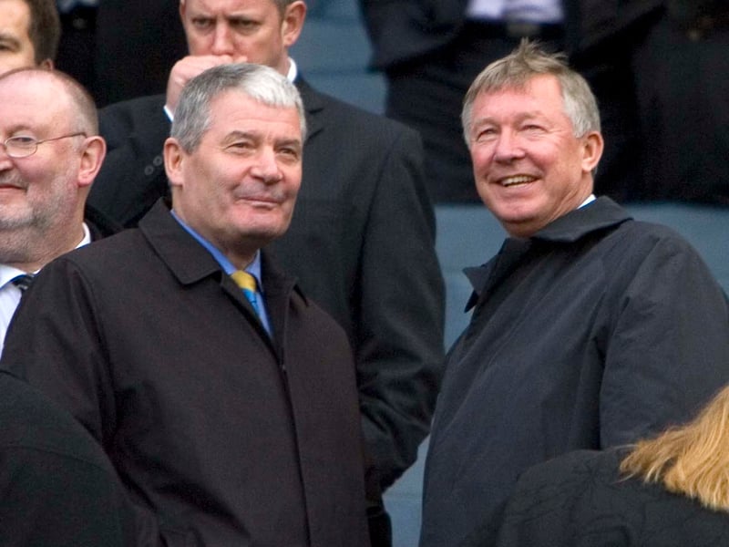 The then Scotland under 21 boss Archie Knox talks to Manchester United's legendary manager Alex Ferguson at Hampden.