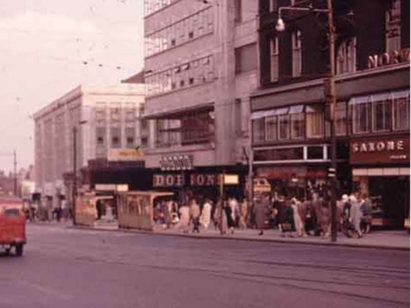 High Street, Sheffield city centre, showing Saxone shoe shop and Dobson's radio and television supplies