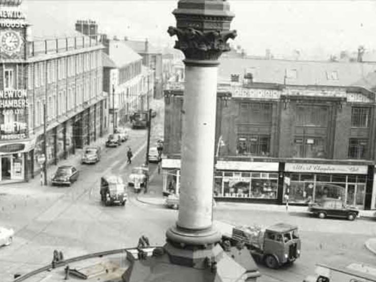 Moorhead, Sheffield city centre, showing the Crimean Monument and (left) Newton Chambers and Co