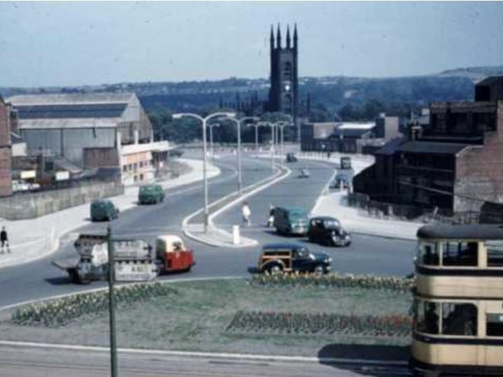 St Mary's Gate, showing St Mary C of E Church, Bramall Lane