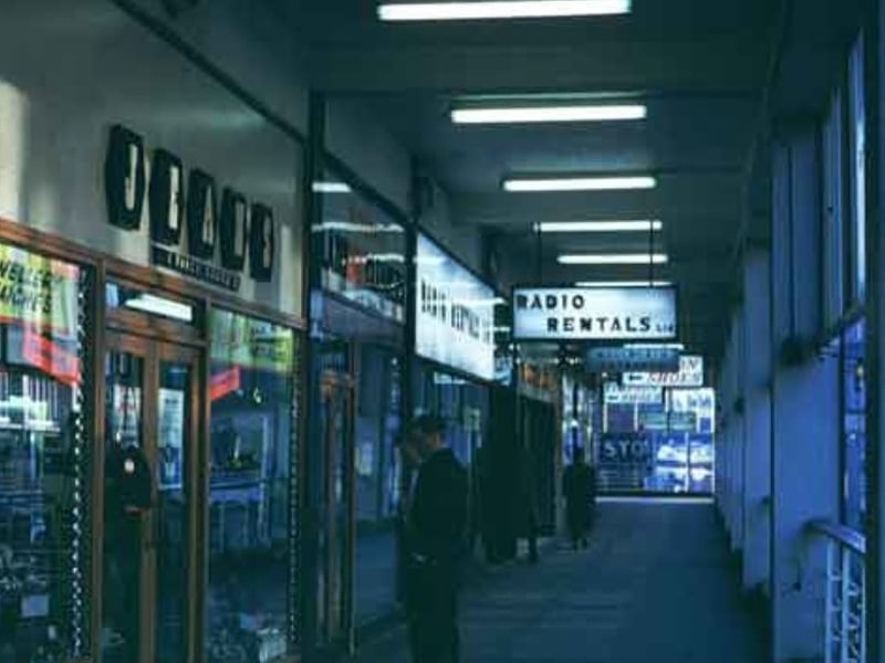 Shops on The Gallery, Castle Market, Exchange Street, showing Jeans (Fancy Goods) and Radio Rentals