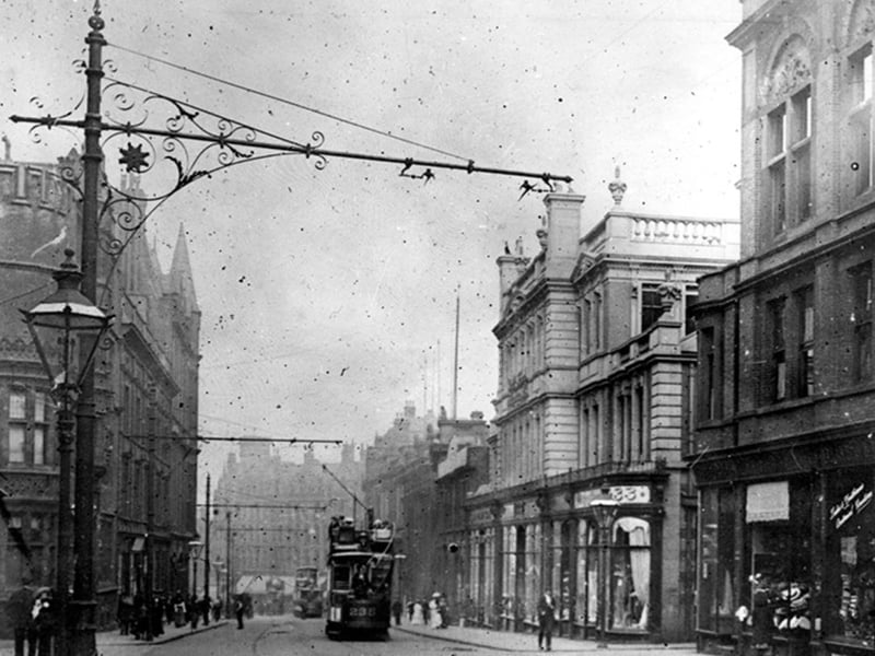 Church Street, Sheffield city centre, looking towards High Street, with Orchard Chambers and shops on the right, in 1910
