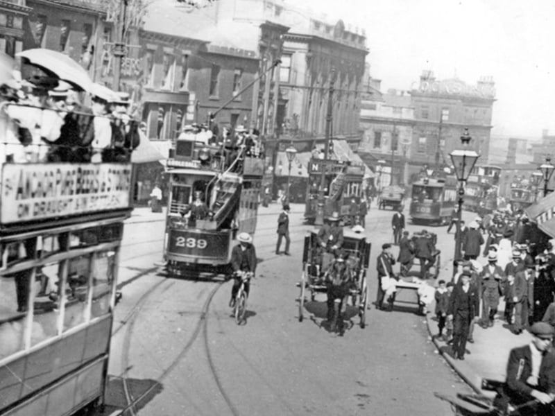 Trams and other vehicles on High Street, Sheffield city centre