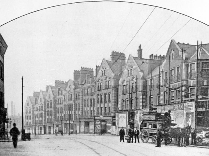 Newly constructed Corporation buildings and shops on Snig Hill, Sheffield city centre, in 1905