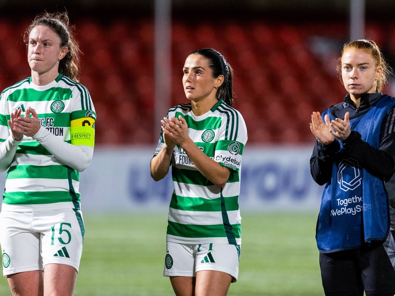 Celtic's Kelly Clark, Shannon McGregor and Colette Cavanagh thank the fans at full-time.