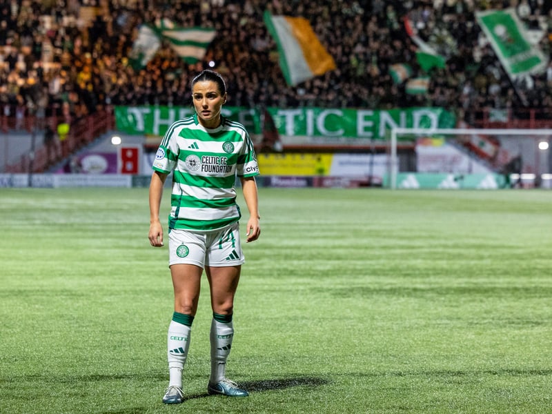 Shannon McGregor in action with the Celtic home end visible in the background.