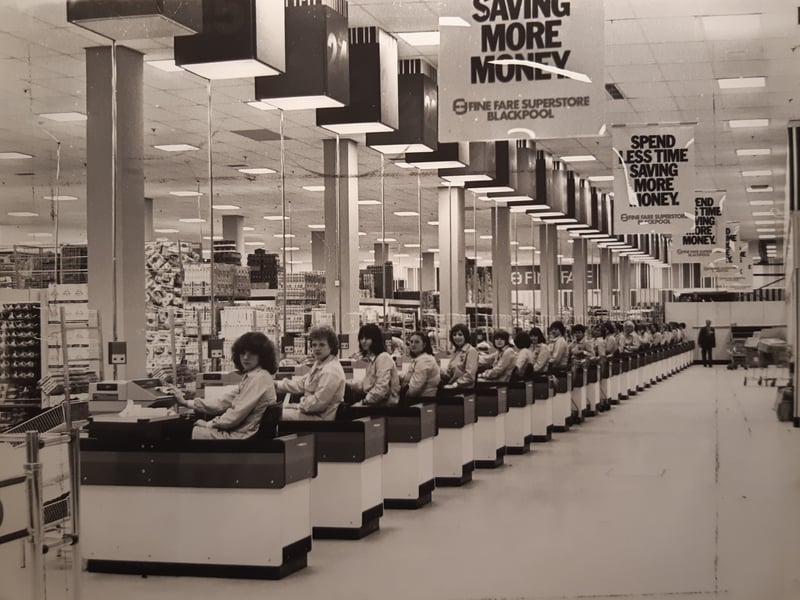 Cashiers at Fine Fare's new multi million pound store on its opening day in May 1979. It opened to a fanfare of celebrities including comic trio The Goodies, Blackpool Tower's Charlie Cairoli and his sidekick Jimmy Buchanan