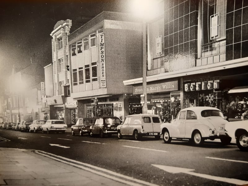 A night scene of central Blackpool. Shopkeepers had put all display lights in their windows to support an electricity saving appeal in December 1970