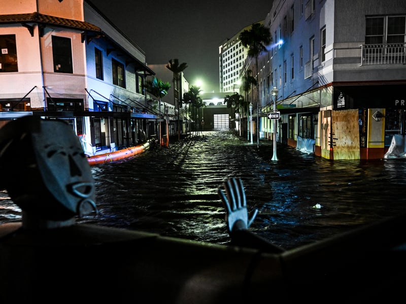 Water-flooded streets are seen after Hurricane Milton made landfall in Fort Myers, Florida.