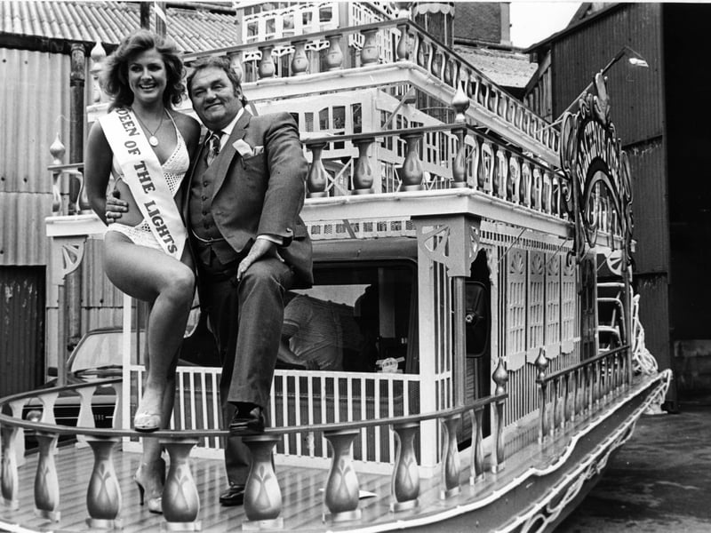 Les and Queen of the Lights Leigh Davies at the Blackpool Illuminations preview in July 1982
