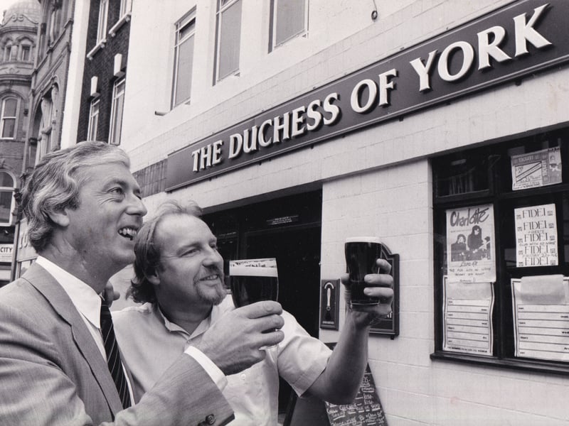Chris Fawdington, left, tenanted sales manager of John Smith's Tadcaster brewery and Mike Longbottom, landlord of the newly-named The Duchess of York pub on Vicar Lane in August 1986.