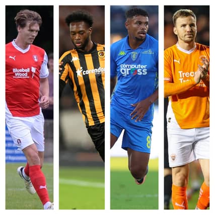 From left to right: Sean Raggett, Abu Kamara, Tino Anjorin and Lee Evns have all found new homes after leaving Pompey in the summer.