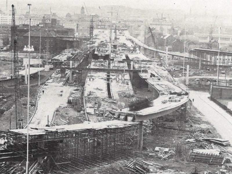 Vast swathes of the city were cleared to make way for new sections of motorway to connect to the Kingston Bridge over the Clyde.
