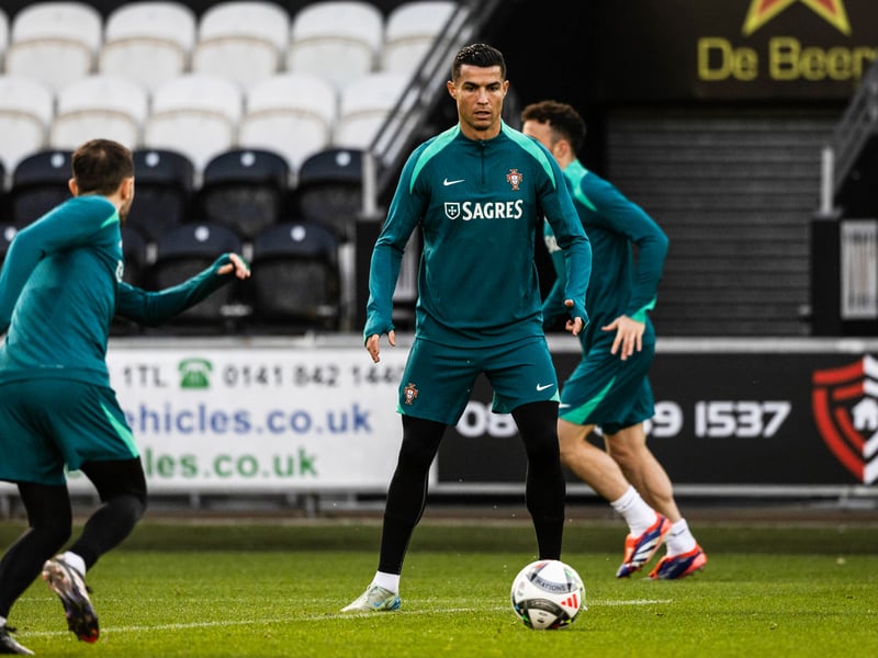 Cristiano Ronaldo and his Portgual teammates are put through their paces as the training session gets into full flight. 