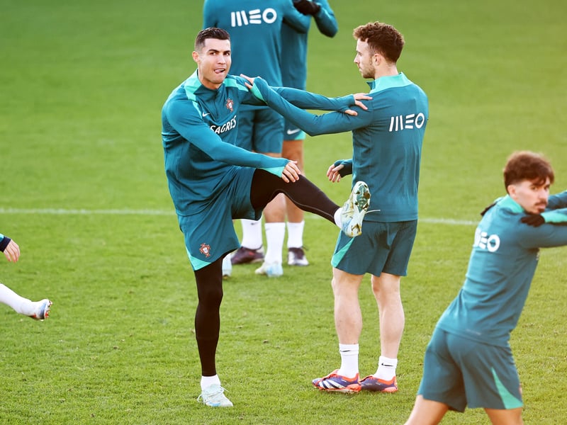Cristiano Ronaldo and Diogo Jota during a Portugal training session at the SMiSA Stadium.