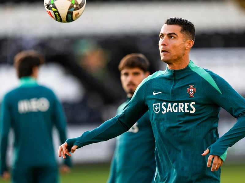 Cristiano Ronaldo keeps his eye on the ball during the Portugal training session at St Mirren