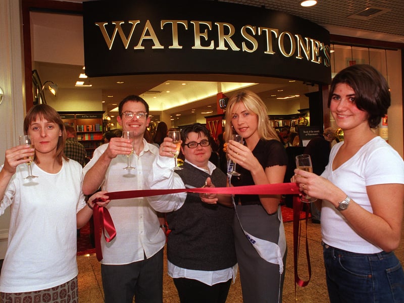 The opening of Waterstone's book shop, in The Arcade, Meadowhall. Pictured from left to right are Jo Humpreys-Davies, James Faraday, Kirsty Farrelly, Julie Melvin (Miss Sheffield who cut the tape to open the shop), and Alex Eyre