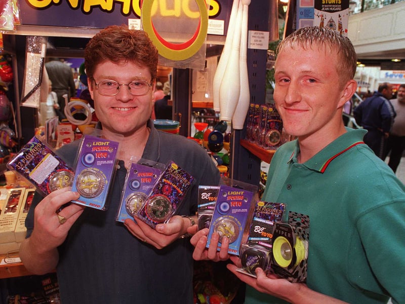 Jason Haslan and his assistant Adam Bell at Funaholics, Meadowhall, with their stock of Yo-yos