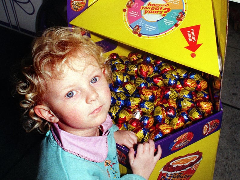 Three-year-old Aimee Clarke from Page Hall with Easter eggs at Meadowhall