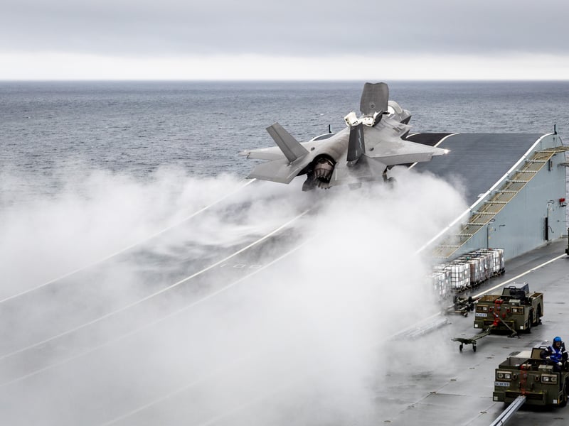 Pictured: F-35 Lightning jet launches from HMS Prince of Wales for consolidation training. Squadrons are conducting consolidation training after completing carrier qualifications (CQs) on HMS Prince of Wales.