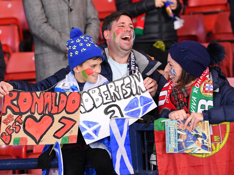 Scotland fans with signs ahead of the game at Hampden.