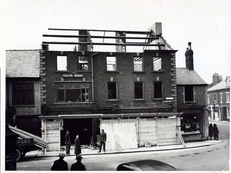 Whittaker Wholesale and Retail Underclothing and the Co-operative society shop on Church Street near the corner with Ball Street in 1936.The Poulton Market building is being demolished whilst the butchers on the corner is clearly still in business. The Co-Op chemist occupies this site today but the modern day Co-Op food store which was next door to it closed in 1985 after the council refused an application for a main entrance from the Teanlowe car park at the rear of the building.