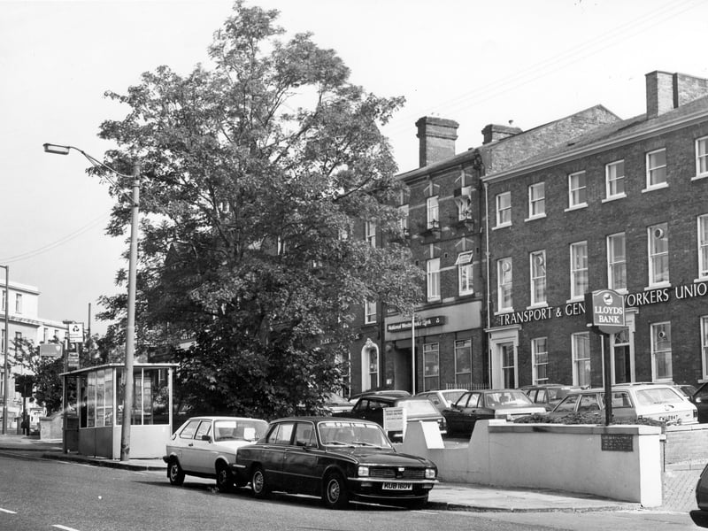Blenheim Terrace on Woodhouse Lane in July 1984. The offices of the Transport & General Workers Union at no. 22 are on the right, with a sign for Lloyds Bank, just off the picture, in front. Next is the National Westminster Bank at no. 24, then Barclays Bank, hidden behind trees, at no. 25. A bus shelter can be seen on the left, with the Parkinson Building of Leeds University in the background.