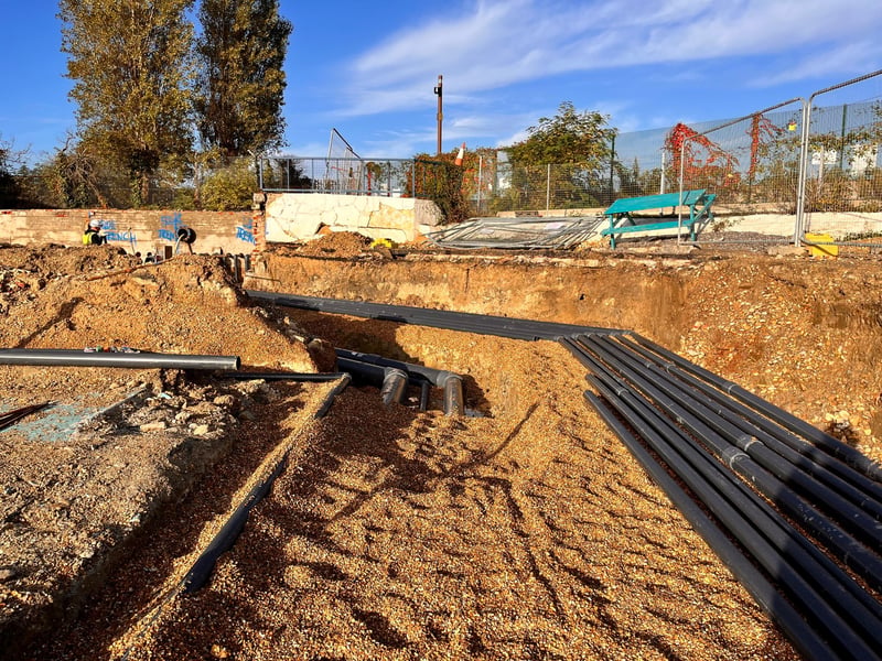 The team are working on the filtration system pipework which will all be underground eventually, connecting the water tank, the pool and the plant room