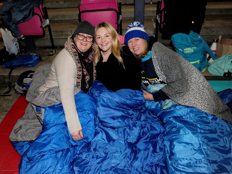 Kelly Williams, Jessica Thackray and Lynsey O'Neill of TransPennine Route Upgrade smile before Leeds Big Sleep.