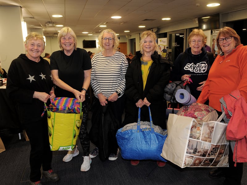 Friends from Horsforth arrive for Leeds Big Sleep, Barbara Pounder, Moira Swan, Joanne Tremlett, Alexandra Weatherhead, Sue Swift, Barbara Ellul.