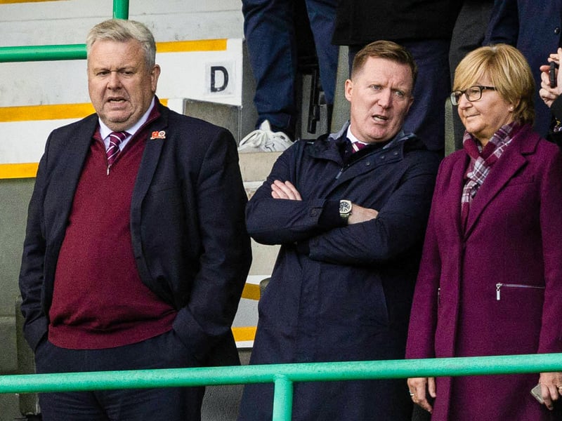 Hearts CEO Andrew McKinlay (L) and Gary Locke watch the game at Easter Road.