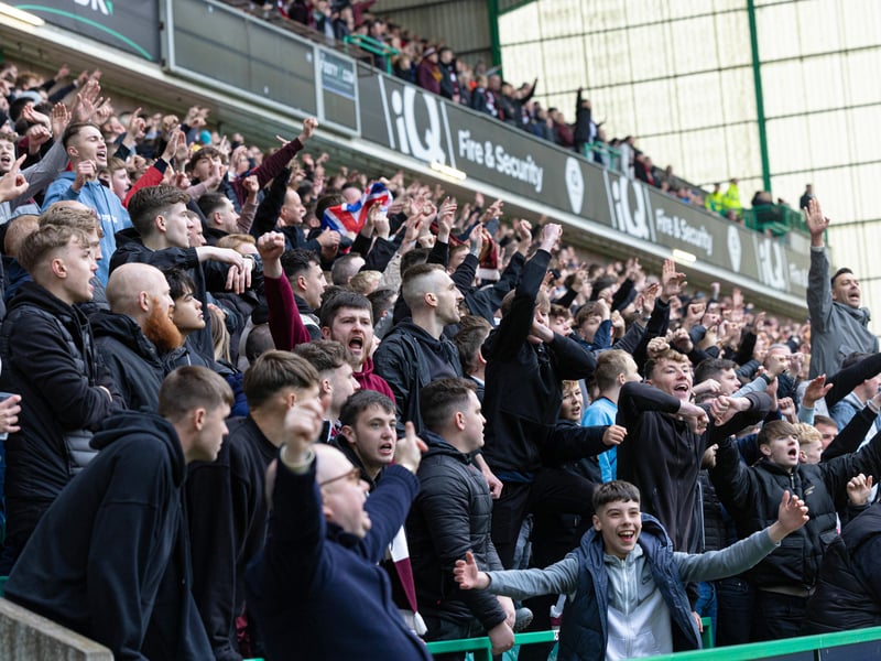 Hearts fans celebrate their late goal.