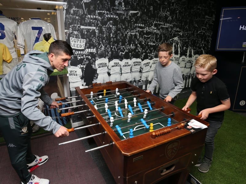 Joe and Finners Moorhouse playing table football with Leeds United hero Pablo Hernandez