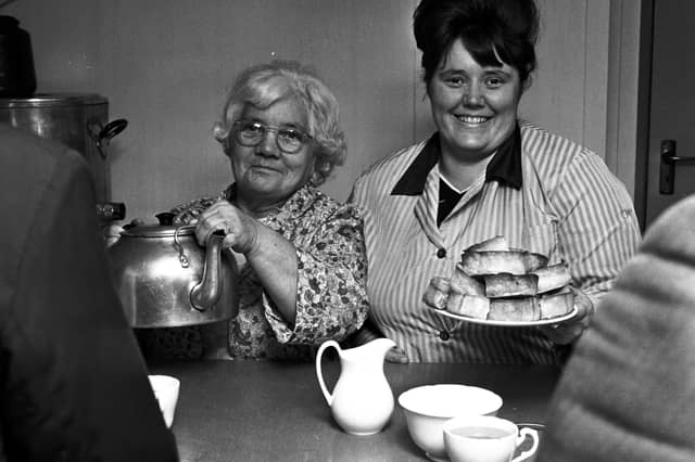 Isa Newland and Julia, holding the plate of Scotch pies, were two of the tea ladies at Hearts' football ground in September 1977.