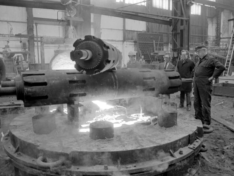 Men working at Bertram's iron foundry at Westfield in Edinburgh in April 1977.