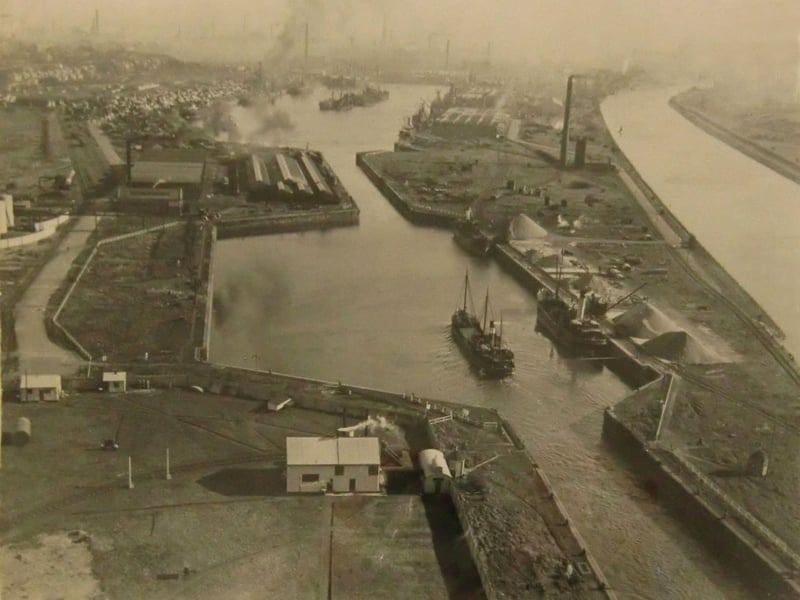 Elevated View of Preston Dock c.1924. Taken from one of the recently completed electricity pylons adjacent to the Bull Nose