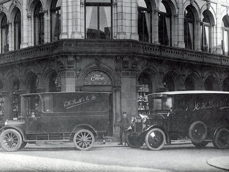 Booth's, Fishergate. Delivery vans leaving Glovers Court in 1924