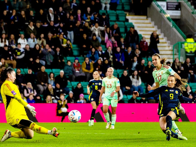 Caroline Weir grabs the third goal of the night, and her first since her return from an ACL injury, as fans watch on.