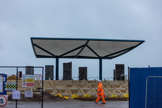A new windbreak shelter has gone up adjacent to the Briny Restaurant on Southsea seafront as part of the coastal defense works.
Picture Alex Shute