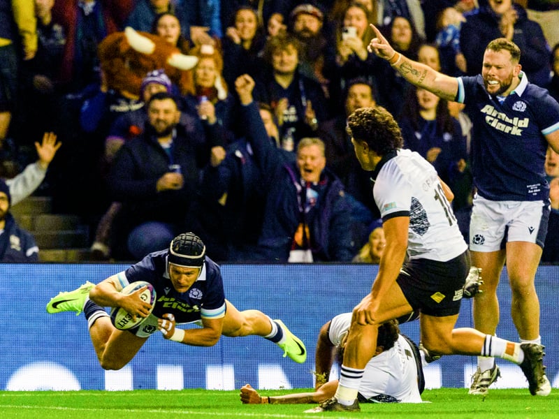 Took 15 minutes to land his first try. Added second by showing intelligence to kick the ball on while under pressure. Was sold a sore dummy by Ikanivere for a try in second half, but recovered quickly to land his hat-trick before adding a fourth. Now tied with Van der Merwe as Scotland's second top try-scorer with 28. Stunning show of finishing. 9